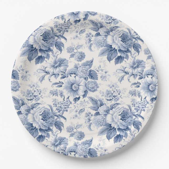 French floral toile blue paper plate (Front)
