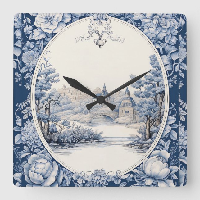 French floral toile blue square wall clock (Front)