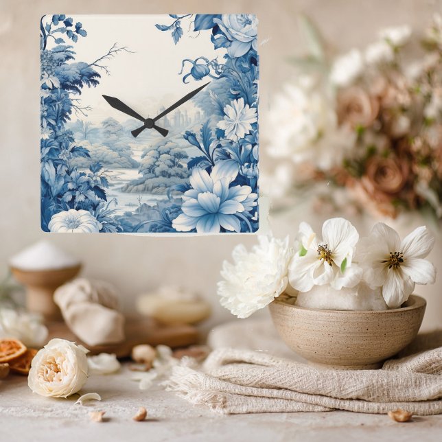 French floral toile blue square wall clock (Creator Uploaded)