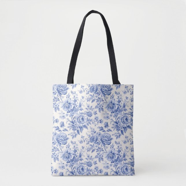 French floral toile blue Tote Bag (Front)