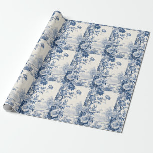 French floral toile blue wrapping paper