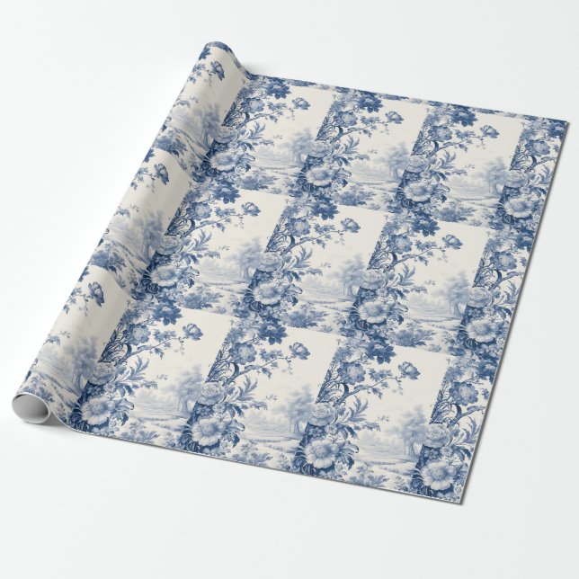 French floral toile blue wrapping paper (Unrolled)