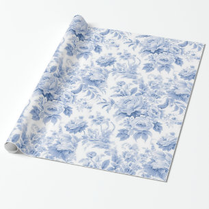 French floral toile blue wrapping paper