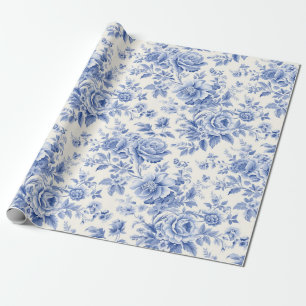 French floral toile blue wrapping paper