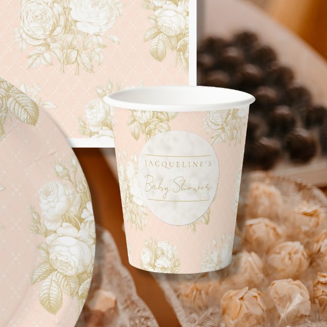 French Floral Toile Elegant Girl Baby Shower Blush Paper Cups (Creator Uploaded)