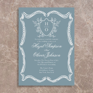 French Floral Vintage Crest Lace Blue Wedding  Invitation