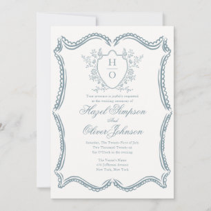 French Floral Vintage Crest Lace Blue Wedding  Invitation