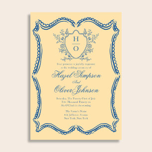 French Floral Vintage Crest Lace Yellow Wedding  Invitation