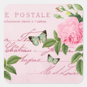French floral vintage sticker w/ pink rose