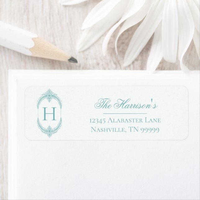 French Flourish Frame Monogram - Teal  Return Address Label (Insitu)