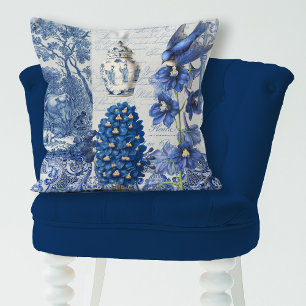 French Flowers n Bird Blue and White Toile Collage Cushion