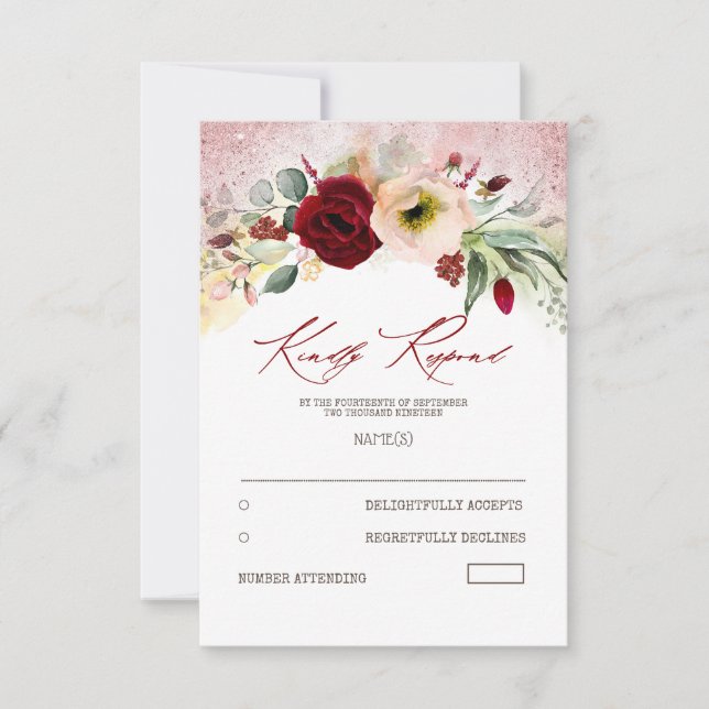 French Flowers Rose Gold Glitter Wedding RSVP (Front)