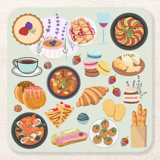French Food Square Paper Coaster (Front)