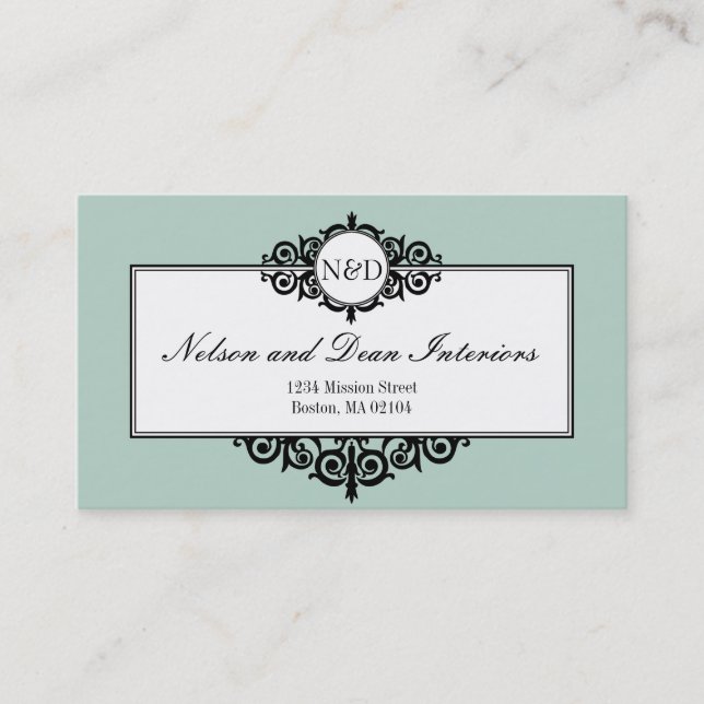French frame blue monogram professional business card (Front)