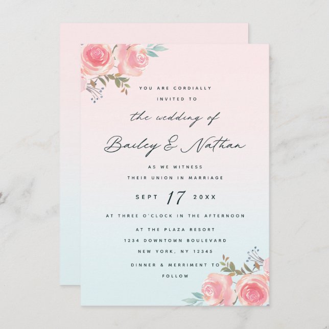 French Garden Floral Peony Calligraphy Wedding Invitation (Front/Back)