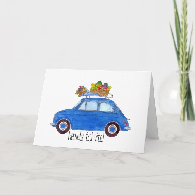 French Get well Blue Retro Fiat 500 Card (Front)