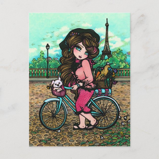 French Girl & Puppy Paris Bicycle Art Postcard (Front)
