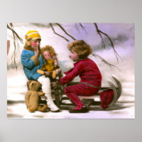 French girls playing with their toys in the snow