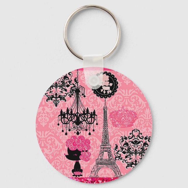 French Girly Eiffel Tower, Puppy & Damask Elegant Key Ring (Front)
