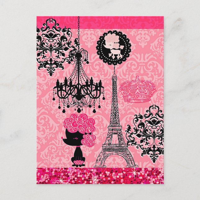 French Girly Eiffel Tower, Puppy & Damask Elegant Postcard (Front)