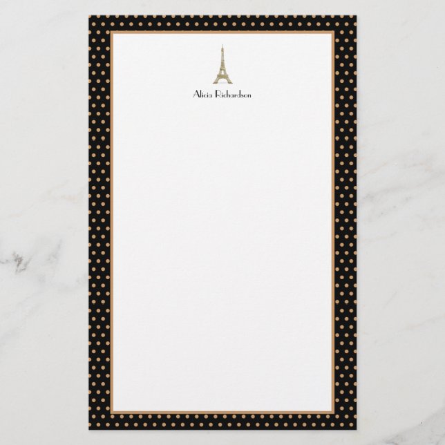 French Glam Black, Gold, and White Eiffel Tower Stationery (Front)