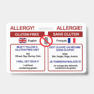 FRENCH Gluten Free Travel Card   Allergy Badge ID Badge