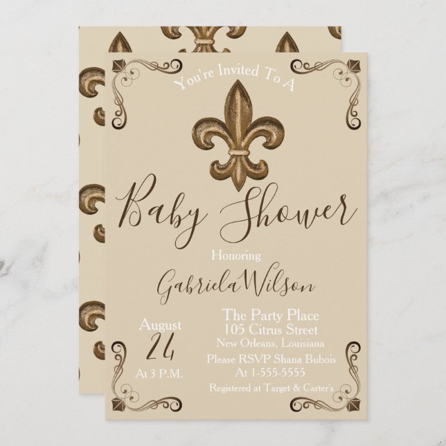 French Golden Fleur de Lis Neutral Baby Shower Invitation (Front/Back)