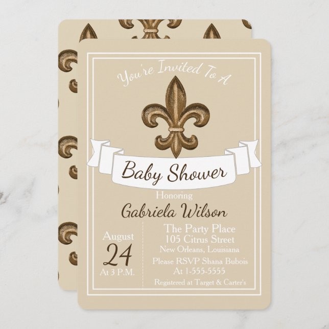 French Golden Fleur de Lis Neutral Baby Shower Invitation (Front/Back)