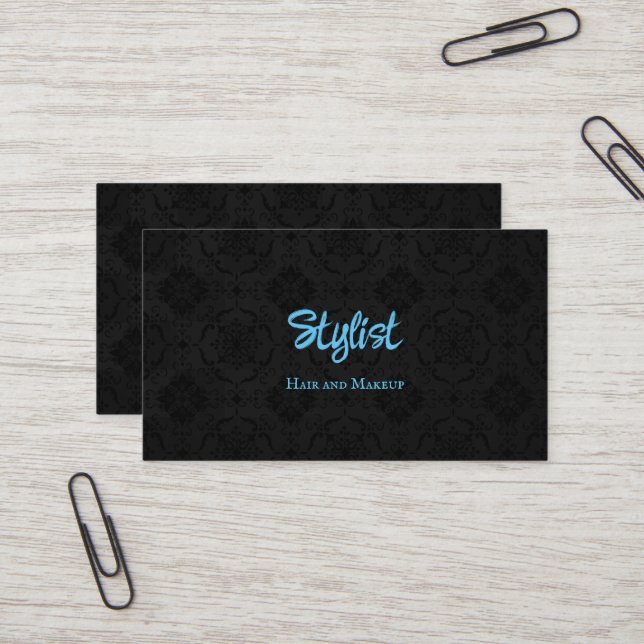 French Gothic Damask Stylist Black and Blue Business Card (Front/Back In Situ)