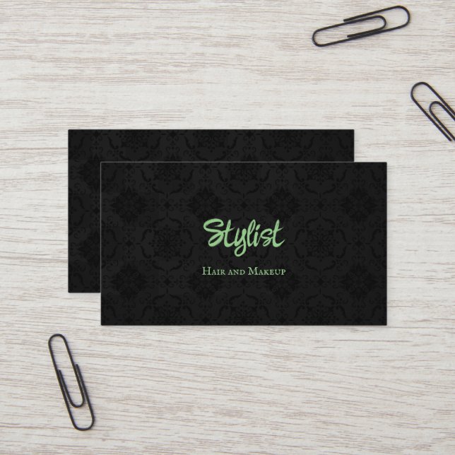 French Gothic Damask Stylist Black and Green Business Card (Front/Back In Situ)