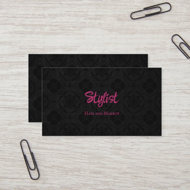 French Gothic Damask Stylist Black and Pink Business Card (Front/Back In Situ)