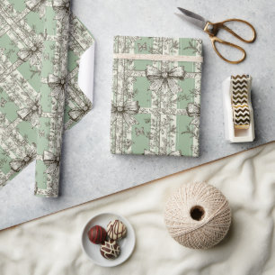 French Green Christmas Toile Bow Patterned Wrapping Paper