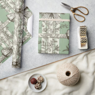 French Green Christmas Toile Bow Patterned Wrapping Paper
