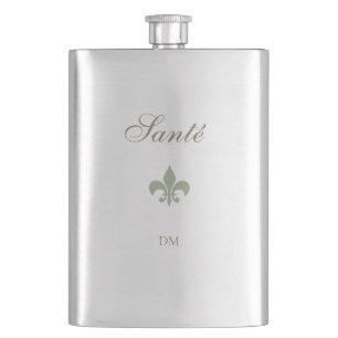 French Green Fleur de Lis Santé Wedding Favour  Hip Flask