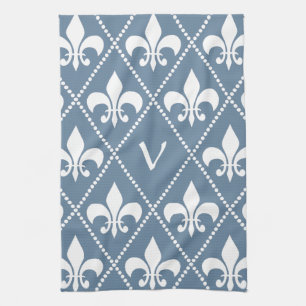 French Grey Fleur de Lis with monogram initial Tea Towel