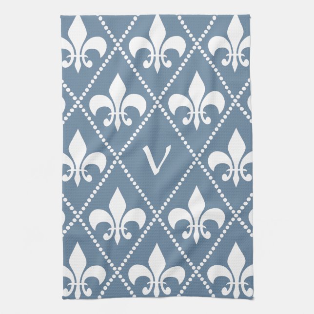 French Grey Fleur de Lis with monogram initial Tea Towel (Vertical)