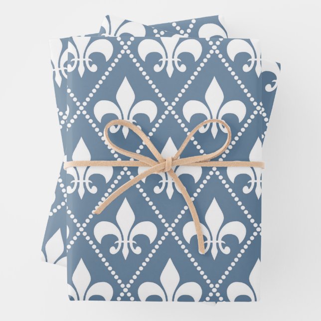 French Grey Fleur de Lis Wrapping Paper Sheet (In situ)