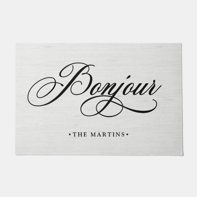 French Grey Linen Look Script | Bonjour Doormat (Front)