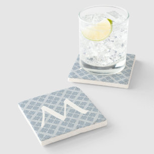 French Grey Moroccan Damask with Monogram Stone Coaster