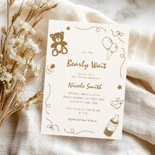 French Hand Drawn Bearly Wait Bear Baby Shower Invitation