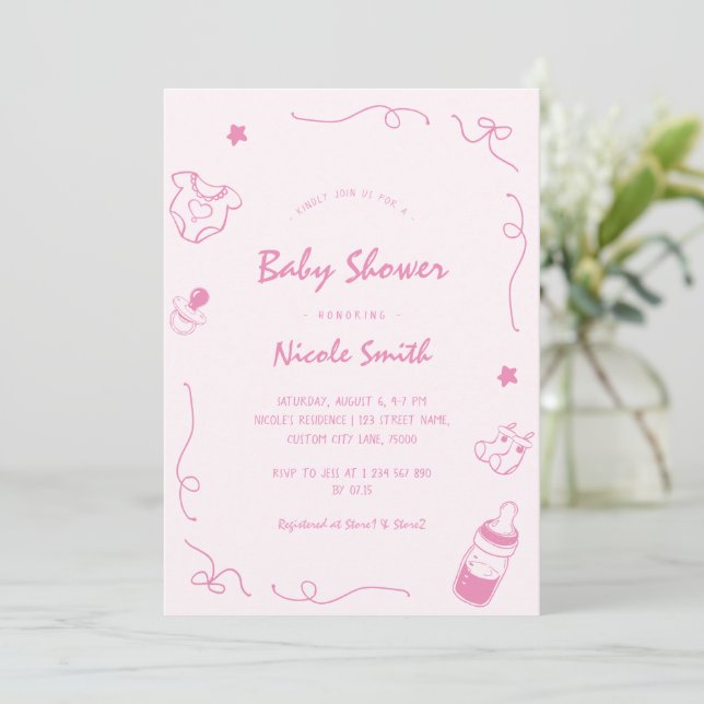 French Hand Drawn Doodle Fun Scribble Baby Shower Invitation (Standing Front)