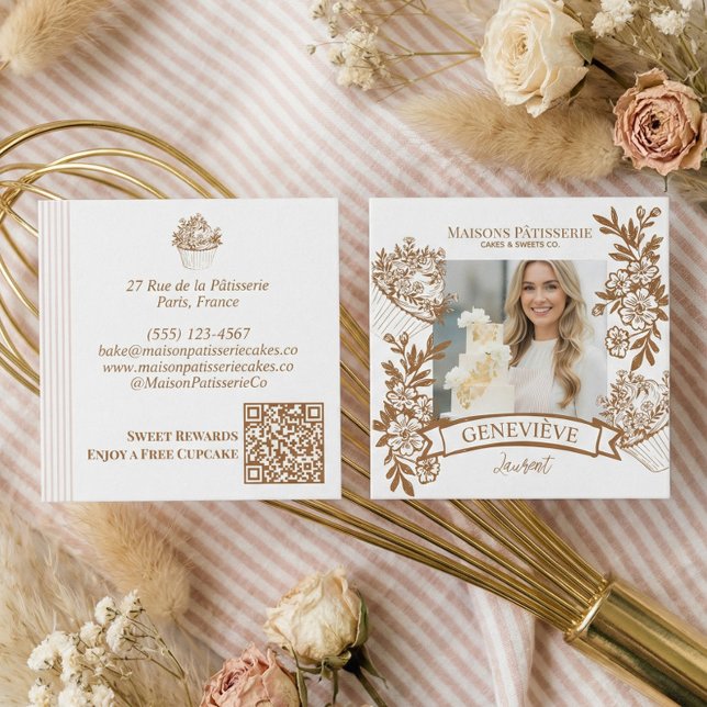 French Hand Drawn Floral Cupcake Bakery Photo Square Business Card (French Hand Drawn Floral Cupcake Bakery Photo Square Business Card)
