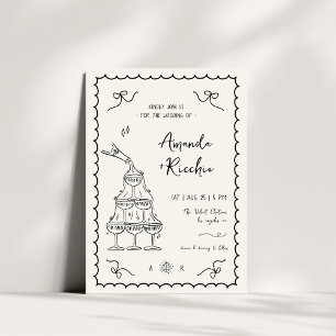 French Hand Drawn Whimsical Quirky Vintage Wedding Invitation