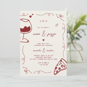 French Hand Drawn Wine & Pizza Engagement Party Invitation