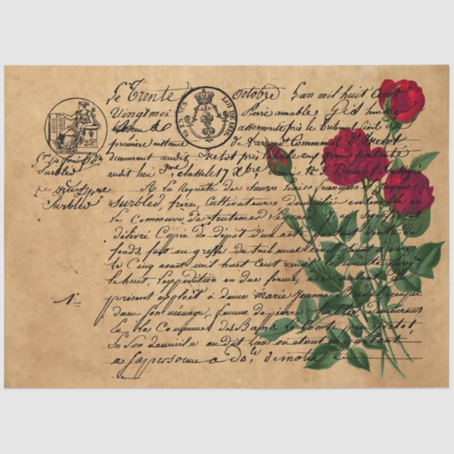 French Handwriting and Red Rose Series Design 4 Tissue Paper (Front)