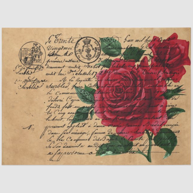 French Handwriting and Red Rose Series Design 9 Tissue Paper (Front)