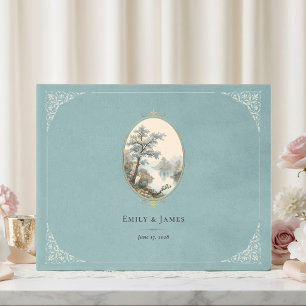 French Heron Dusty Blue Velvet Wedding Guest Book
