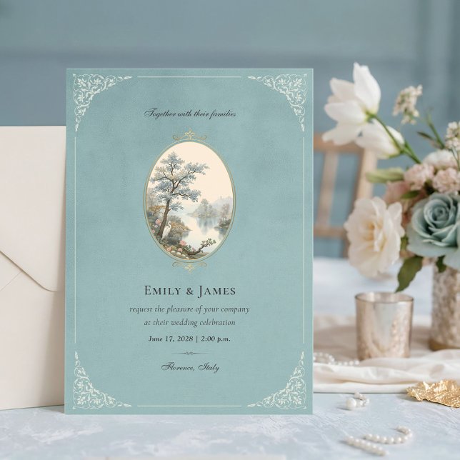 French Heron Dusty Blue Wedding Invitation (Creator Uploaded)
