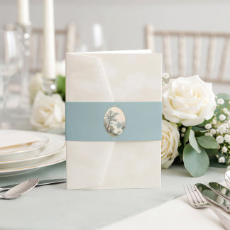 French Heron Dusty Blue Wedding Invitation Belly Band