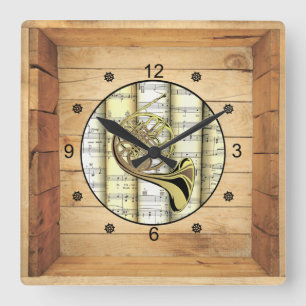 French Horn ~ 3 Dimensional ~ Folk Art Box ~ Square Wall Clock